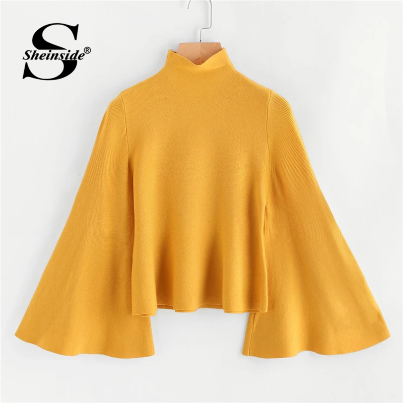 Sheinside Ginger Burgundy Pink 3 Color Women Sweater Stand Collar Bell Sleeve Solid Jumper 2018 Autumn Elegant Knitted Sweaters Sheinside Ginger Burgundy Pink 3 Color Women Sweater Stand Collar Bell Sleeve Solid Jumper 2018 Autumn Elegant Knitted Sweaters