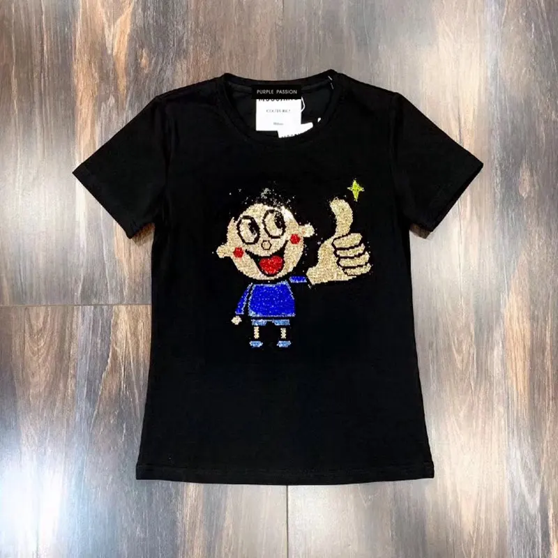 

Women's cartoon design with diamond short sleeve cotton T-shirt
