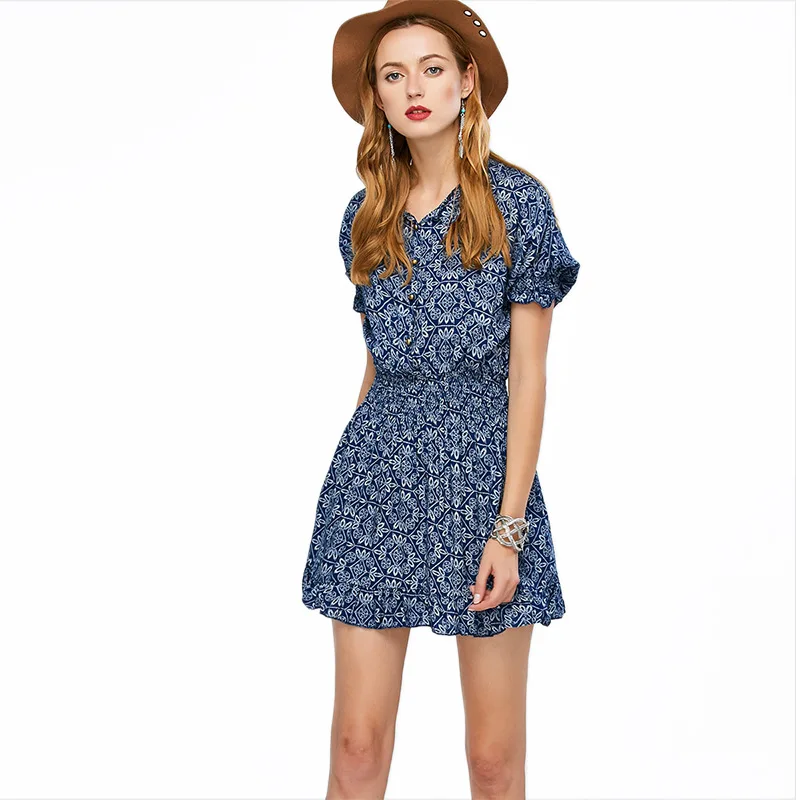 

2019 New Summer Ladies Clothing Women V-neck Blue And White Porcelain Chiffon Dress Female Mid-waist Short-sleeve Floral Dresses
