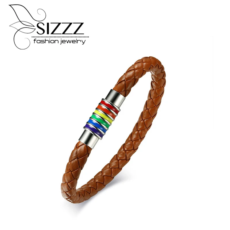 

SIZZZ 2017 Fashion factory direct 7MM stainless steel rainbow PU leather brown Bracelets&bangles for women/men