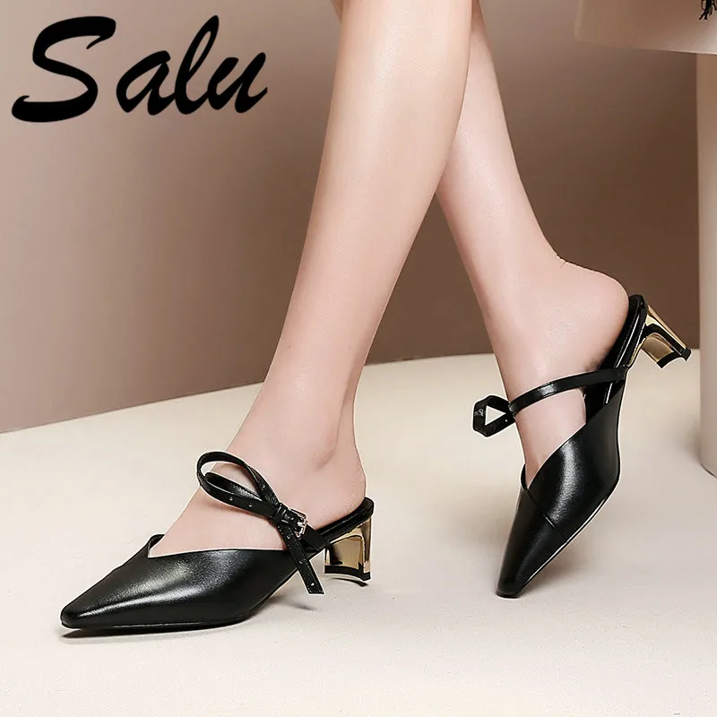 

Salu New Women's Sandals Basic Genuine Leather Solid Shoes Fashion Black Beige Strange Heel Casual Sandals