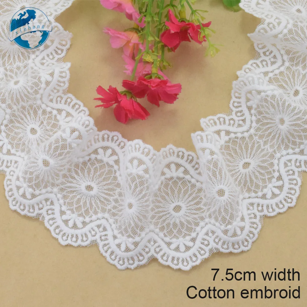 

7.5cm wide Cotton embroid lace edge sewing ribbon guipure trim wedding lace DIY Garment Accessories french african doll lace3957