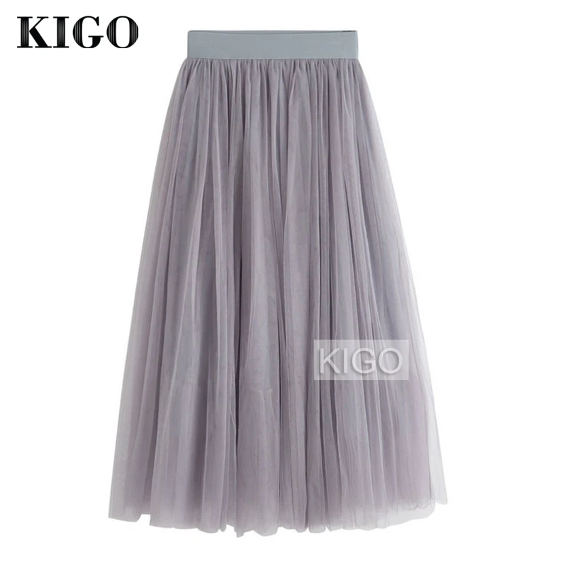 KIGO 3 слоя тюль юбки для женщин для сезон: весна-лето эластичный высокая талия дамы длинные сетчатая юбка миди плиссированная юбка KC3085H