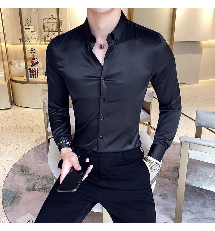 Летняя модная однотонная мужская рубашка с длинным рукавом, атласная ткань для ночного клуба, бара, парикмахера, Высококачественная деловая Повседневная вечерняя рубашка
