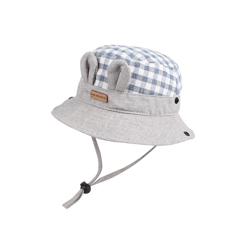 Plaid Baby Hat For Girls Wide Brim Kids Sun Cap Rabbit Ears Cotton Hat Lace Up Cowboy Children Cap Autumn Baby Girls Clothing  (5)
