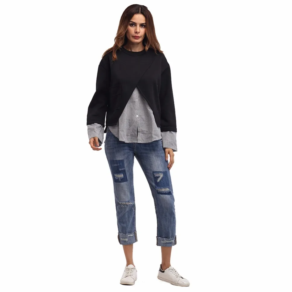 Fake 2 Piece Autumn Women t shirt 2017 Long Sleeve Loose T shirt for women T Shirt Femme Casual Tops&Tees One size for all (7)