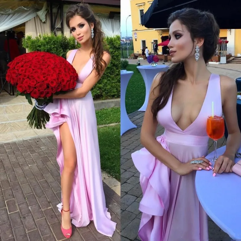 

Custom Made Pink Evening Gowns Deep V Neckline abiye High Slit Cheap Formal Dresses Long A Line Pleats robe de soiree longue