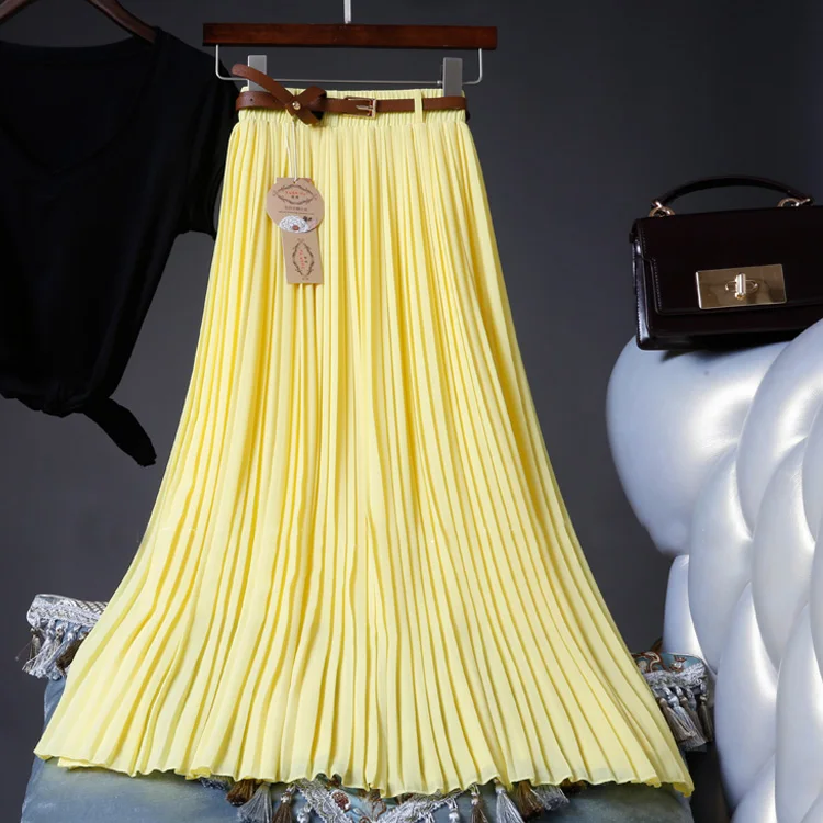 2021 High Quality Women Summer Skirt High Waist Vintage Women Pleated Skirt Saias Femme Boho White Long Chiffon Skirt Streetwear 5
