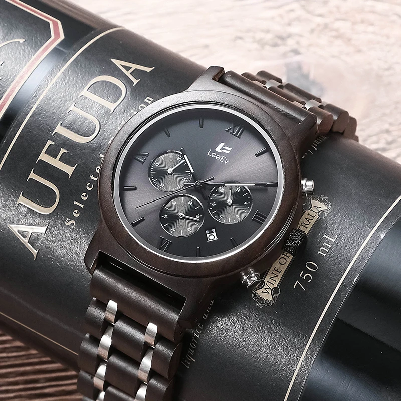 

LeeEv Wooden Mens Watches Newest Luxury Wood Metal Strap Chronograph Date Quartz Watch Luxury Versatile Timepieces