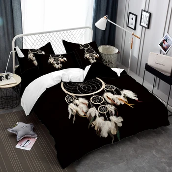 

Bohemia Bedding Set Dreamcatcher Print Duvet Cover Set Feather Print Bed Cover Pillowcase Black Bedclothes Home Decor D35