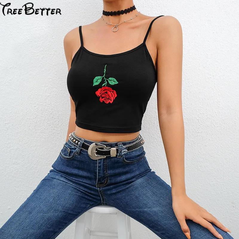 

Rose Embroidery Short Umbilical Suspender Vest Black Floral Strap Sleeveless Crop Tops