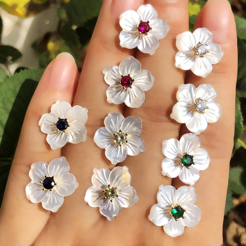 

Small Flower Cute Pearl Shell Stud Earrings Colorful Crystal Zirconia Stone Sweet Earrings Female Brinco Wholesale Jewelry 2019