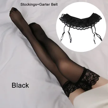 

Hot Sale Womens Fashion Sexy Lace Soft Top Thigh-Highs Stockings + Suspender Garter Belt 1 Set fishnet stockings many colours