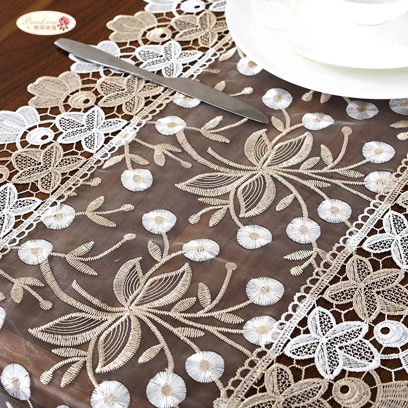 Best Proud Rose Lace Embroidery Table Runner TV Cabinet Cover Cloth Tea Table Flag Pastoral Table Cloth Wedding Table Decoration