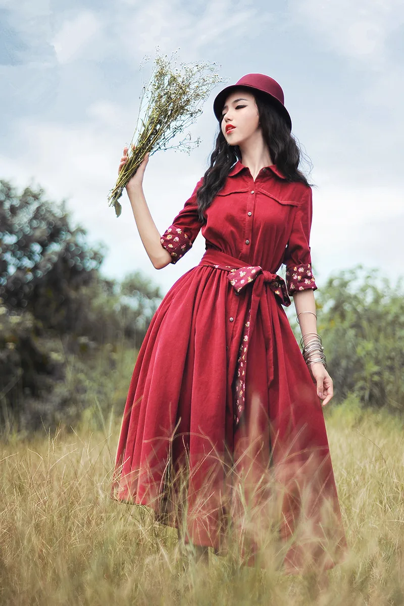 Женское вельветовое платье миди BOSHOW красное винтажное приталенное с длинным