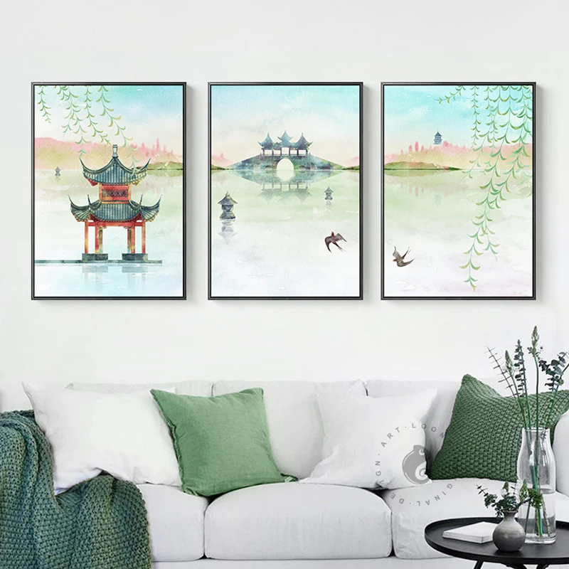 Триптих китайский четыре сезона Пейзаж Картины Холст Плакаты и принты настенные художественные картины для гостиной домашний декор