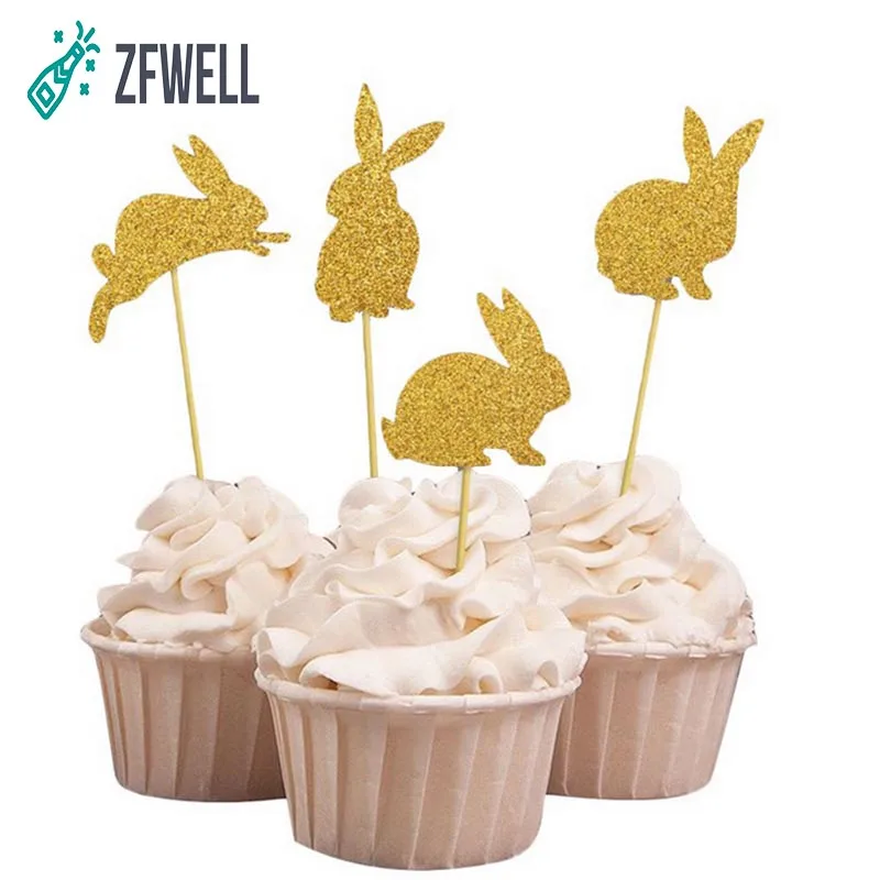 

ZFWELL 1pz/lot 4.4*6.9cm gold and silver Easter cake inserts rabbit cake inserts Easter party dessert table decoration strip.8.5