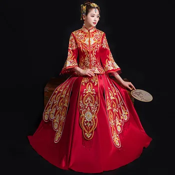 

Red traditional Chinese style Bride wedding Dresses Embroidery cheongsam gown robe Party evening dress marry Qipao Vestido S-XXL