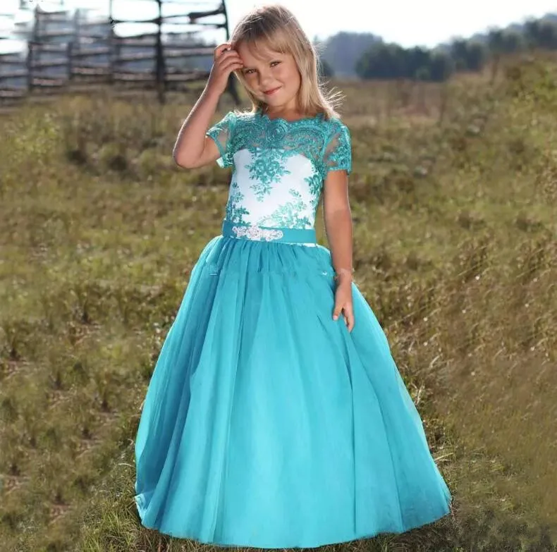 

New Blue Lace Flower Girl Dresses Jewel Short Sleeve Kids Formal Pageant Wear Wedding Party Gown Size 2-14Y