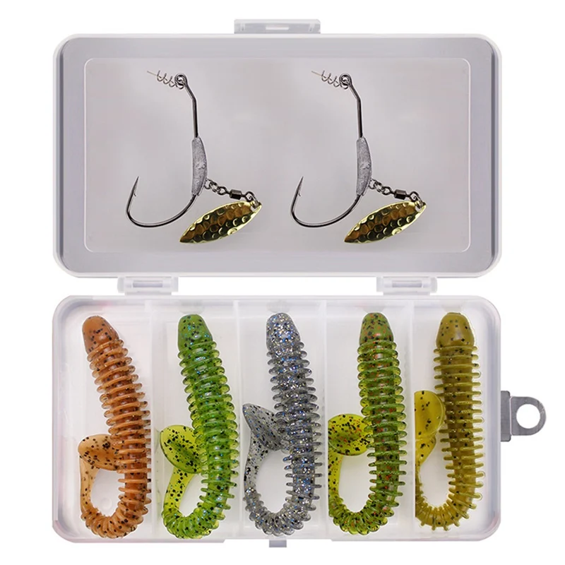 Artificial Bait Jig Mold Hook Box Set T Shape Tail False Worm Soft Lure Fishing Accessories 5 pcs fishing bait + 2 pc hook | Спорт и