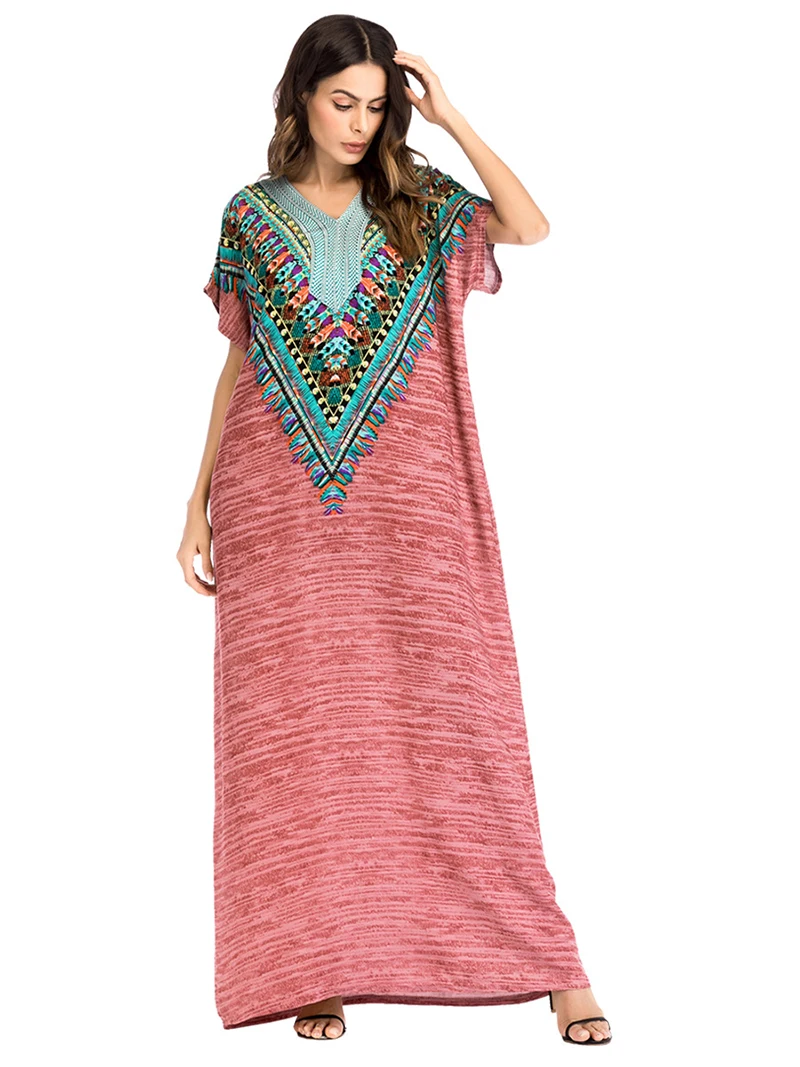 Плюс Размеры Дубай женщина Свободные Абаи кафтан исламистского Для женщин цветок платье с вышивкой турецкий женские короткий рукав Платья