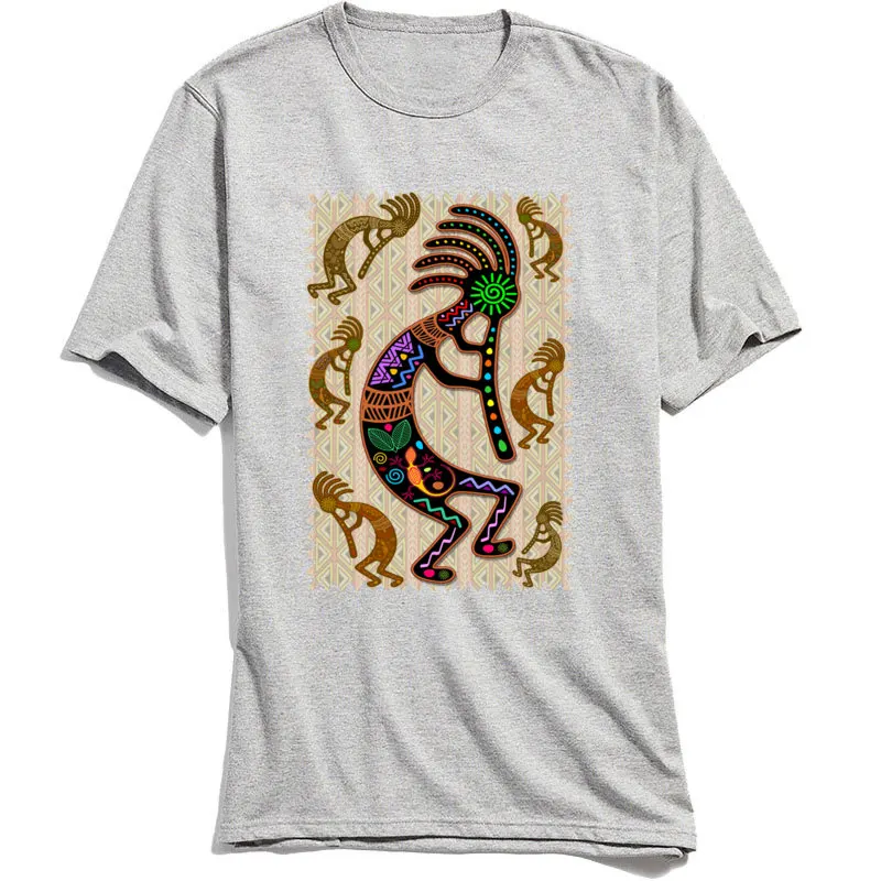 Tops Shirt Fitness Tight Autumn Wholesale Europe Short Sleeve 100% Cotton Crewneck Men's T Shirts Europe Tee-Shirt Kokopelli Rainbow Colors on Tribal Pattern grey