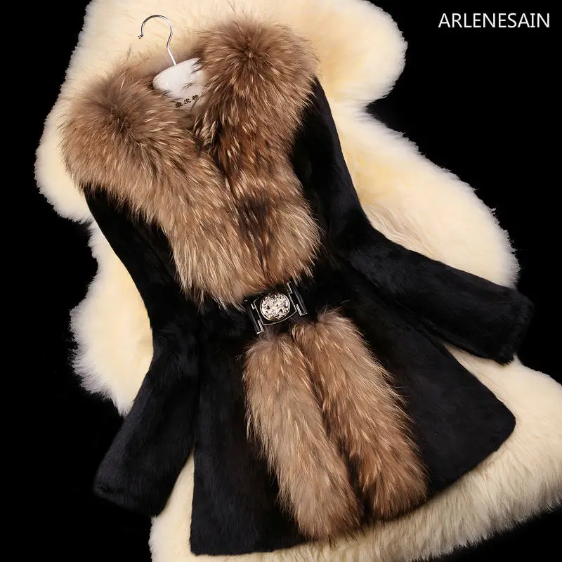 Arlenesain пользовательские осень женские пальто из натурального кроличьего меха пальто куртка енот меховой воротник зима Для женщин меха