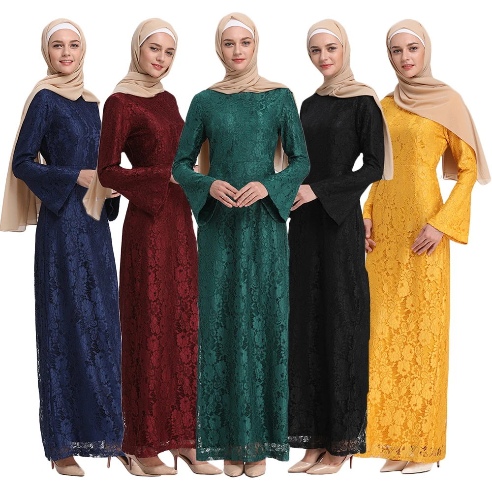 9 цветов Новая мода мусульманские платья большой размеры абаи Дубай для женщин Flare рукава Тонкий с длинным рукавом кружево Рамадан ислам