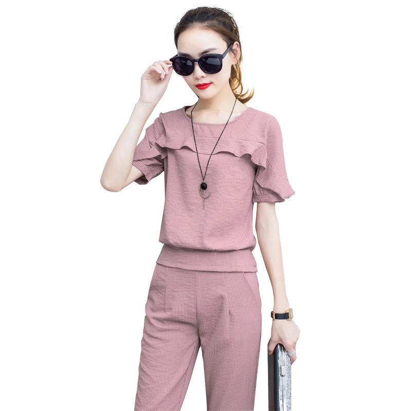 

Fashion suits women summer 2018 new ruffled short-sleeve top+pants sets womens sporting 2 piece sets female casual striped sets