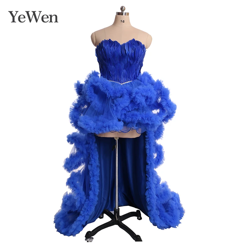 

Royal Blue Feather Short front long back wedding dress plus size bride dress for pregnan women wedding gown 2019 YeWen