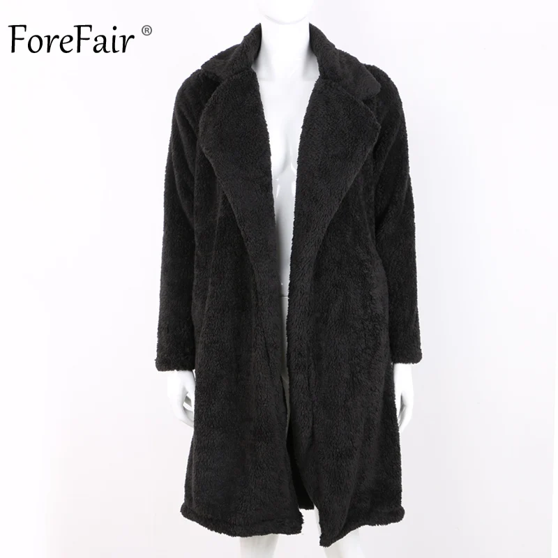 Forefair Winter Oversize Faux Fur Coat Women Manteau Plus Size Wide Lapel Warm Shaggy Teddy Bear Black Long Coat Women