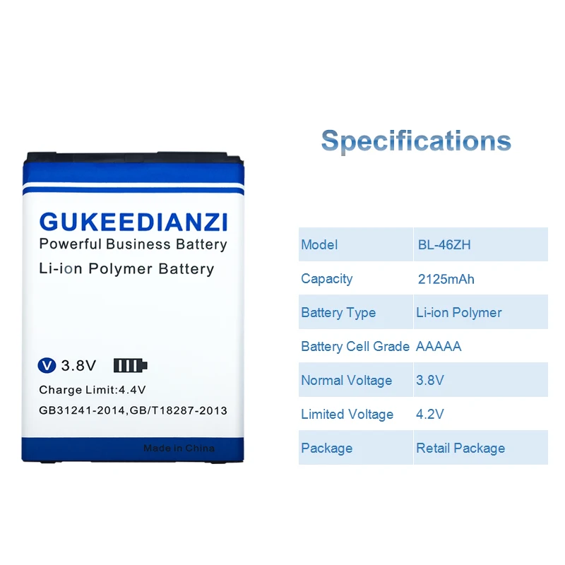 

GUKEEDIANZI Replacement Phone Battery BL-46ZH 2125mAh For LG Leon Tribute 2 K7 K8 LS675 D213 H340 L33 X210 Powerful Batteries