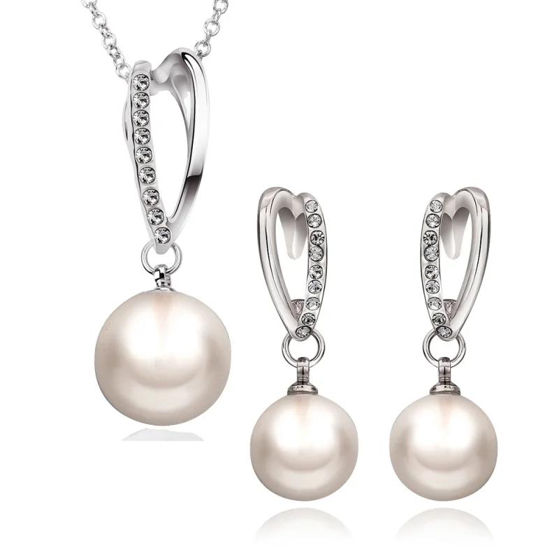 

Fashion jewelry Silver White crystal pearl Pendant Earrings Wedding Party Jewelry Sets for women S2007