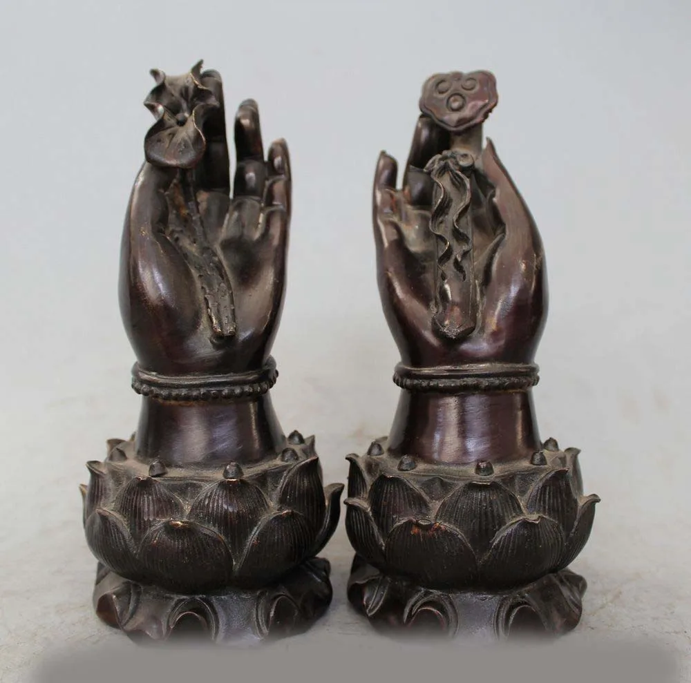 

8" Chinese Buddhism Bronze lotus flower Ruyi Buddha hand Ru Yi Statue Pair