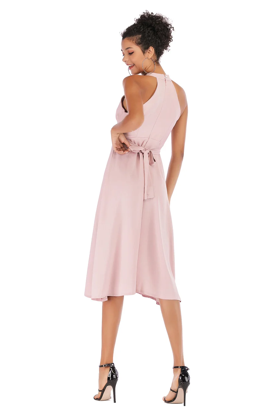 Gladiolus Sexy Halter Women Summer Dress Sleeveless Belt Tunic Pink Midi Chiffon Dress Women 2019 Ladies Party Dresses Sundress (13)