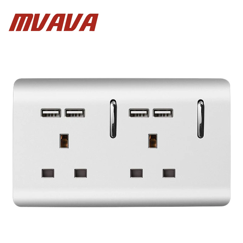 

MVAVA 148*88MM Double UK Standard 13A Wall Socket With USB Socket With LED Indicator Sliver PC Series 3 Pin UK Wall Socket