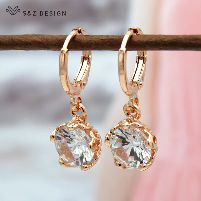

S&Z Attractive Design Flower 585 Gold Color Round Cubic Zirconia Earrings Korea Woman Girl's Dangle Warrings For Gift