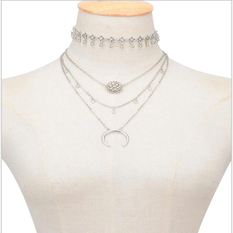 Punk Alloy Crescent Pendant Chains Choker Necklaces For Women Double