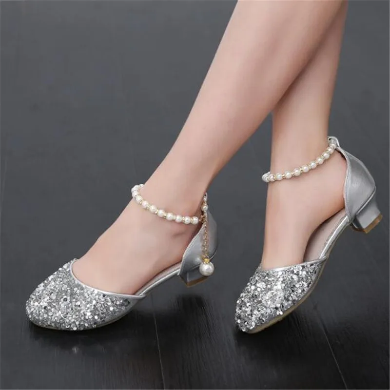 Новинка; Танцевальная обувь принцессы для свадебной вечеринки для девочек; детская обувь на высоком каблуке; серебристая обувь для школьников; детская обувь с украшением в виде кристаллов; 02 - Цвет: Серебристый