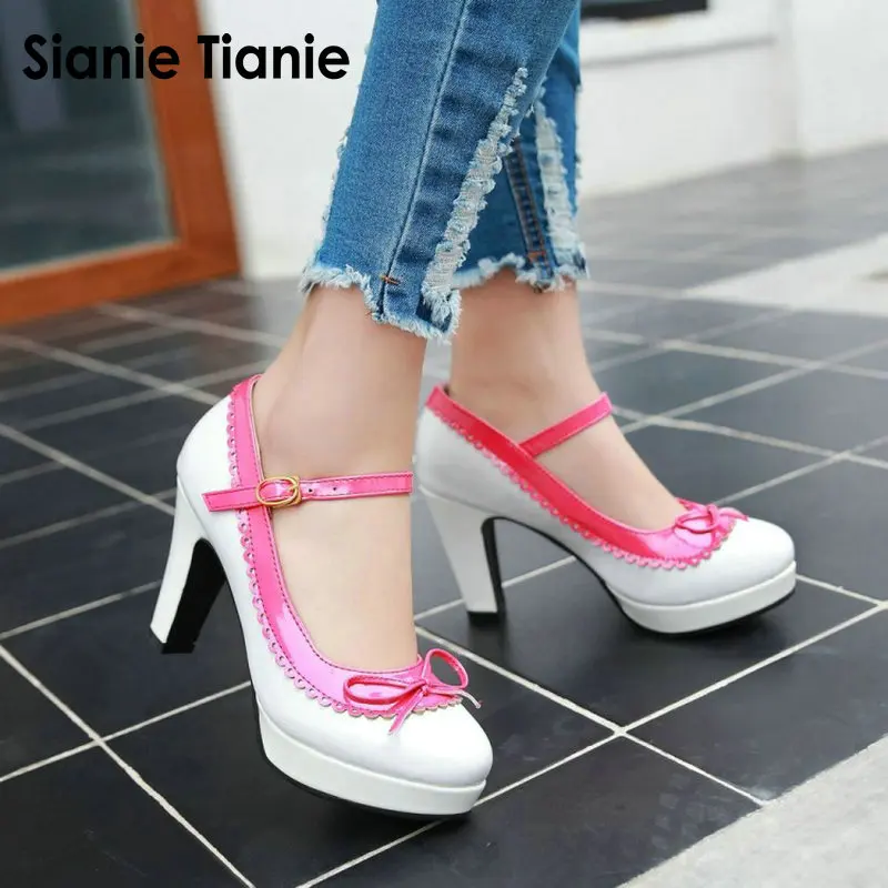 

Sianie Tianie Big size 33-43 Wedding Bridal Shoes Party Platform Pumps High Heels Women Shoes Mary Janes With Butterfly-knot