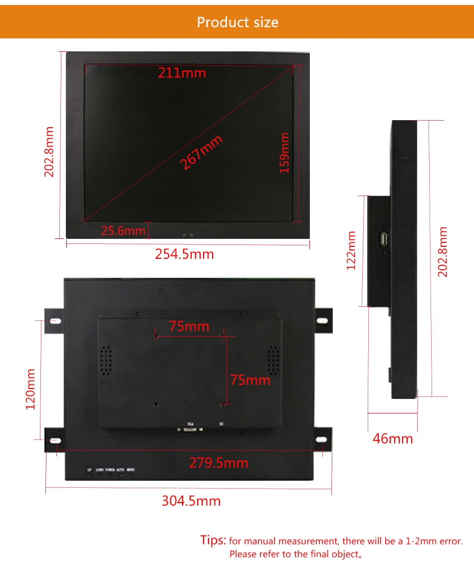 10,4/10 "VGA/HDMI/ТВ/AV интерфейса Non-touch Экран монитора компьютера металлический корпус встроенный ЖК-Monitor1024*768 вешалка фиксированной