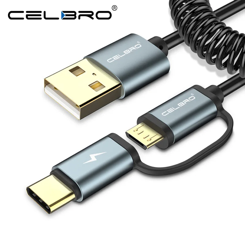 

Micro USB Type C Spring Coiled Cable 2-IN-1 USB-C Retractable Extension USB Charger Cable for Samsung LG Android Mobile Phone 2A