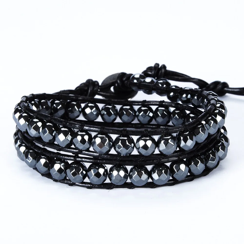 New Women's Men Leather Bracelets Hematite Stone 2 Strands Handmade