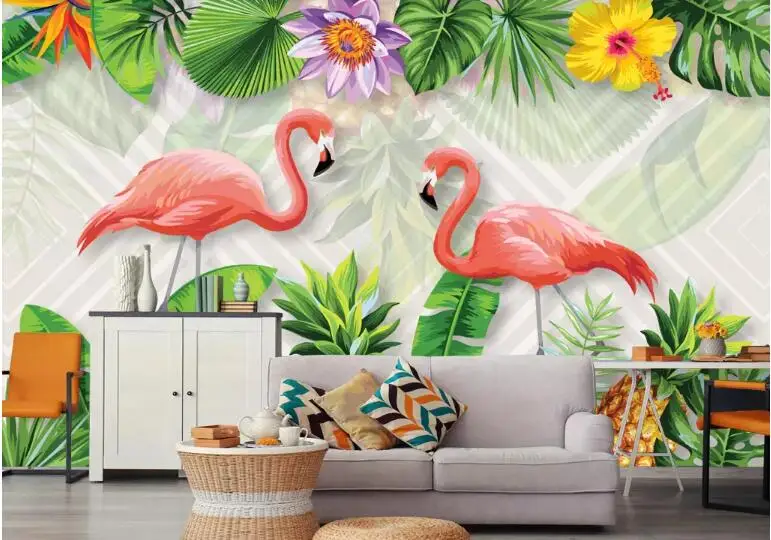 Beibehang стильные современные минималистичные Рисованные обои тропические растения Фламинго ТВ фон обои для гостиной behang - Цвет: 18355024
