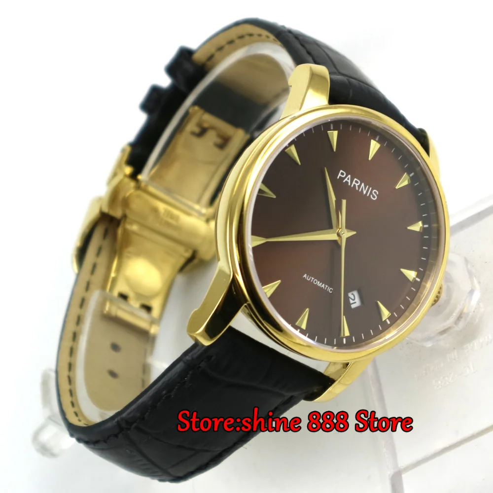 

39mm Parnis Men Watch Coffee dial Casual Sapphire Crystal Gold Mark Mechanical Watches Automatic mens watch