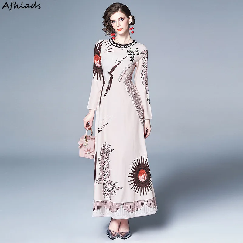 

Dress Female Spring And Summer New Round Neck Long Sleeve Print Waist Dress Elegant Fashion Ladies Party Maxi Vestidos Dress