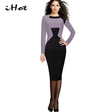 Office Dress Autumn Womens Vintage Long Sleeve Tartan Black Purple Colorblock Wear to Work Sheath Pencil Robe Party vestido 2016