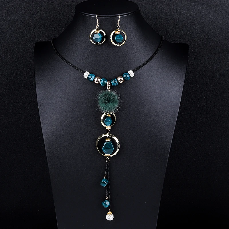 Crazy Feng Luxury Acrylic Beaded Jewelry Set Long Pendant Necklaces Drop Earrings For Women Vintage Dubai Costume Jewerly NE+EA - Окраска металла: 893