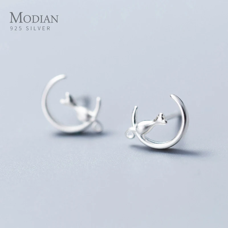 

Modian Simple Cute Cat Moon Stud Earrings Charm 925 Sterling Silver Animal Tail Small Jewelry For Women & Girl Anniversary Gift