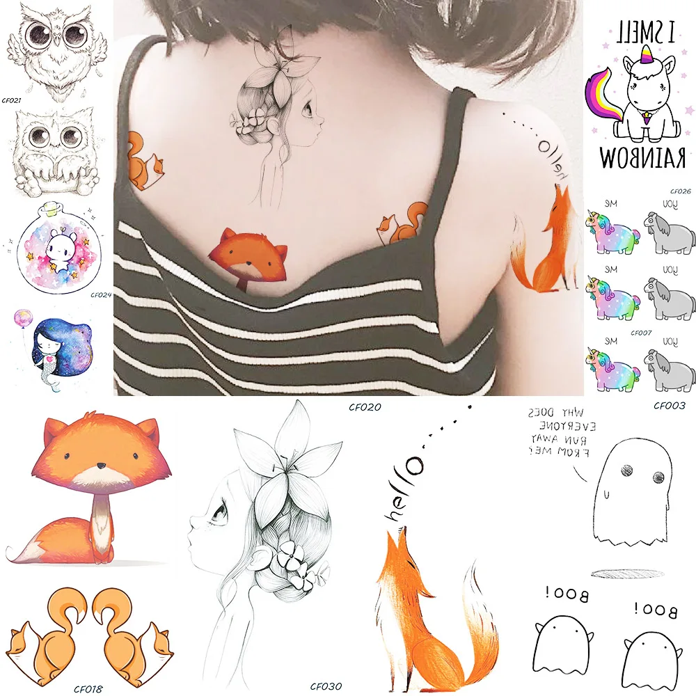 

25 Pattern Children Cartoon Temporary Tattoo Fox Unicorn Owl Inspired Words Ghost Waterproof Fake Tatoos Stickers Body Art